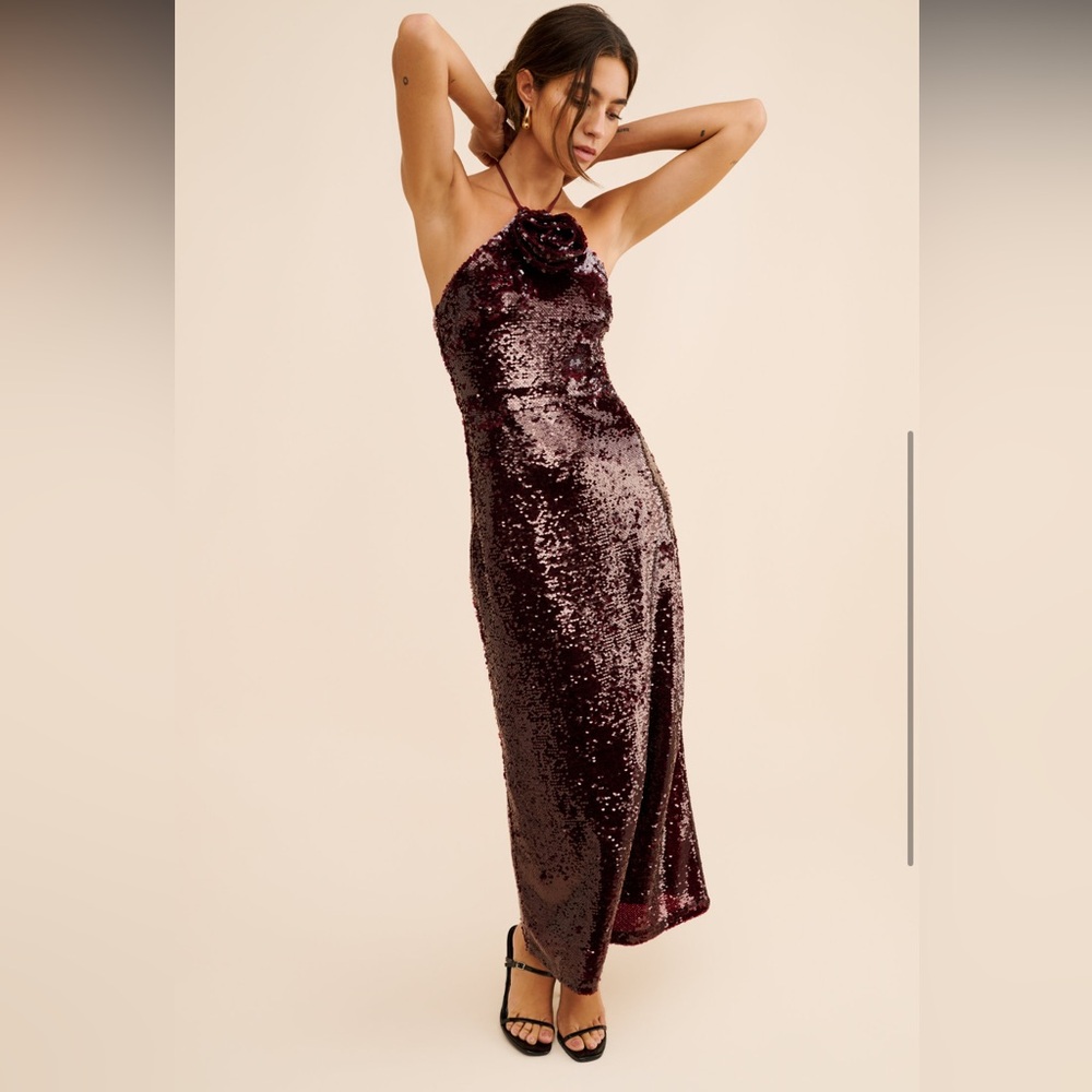 4TH & RECKLESS Stacey Sequin Burgundy Maxi Dress Size Small